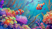 Nemo Clown Fish In The Anemone On The Colorful Healthy Coral Reef. Anemonefish Nemo Couple Swimming Underwater. Scuba Diving Coral Reef Scene With Nemo And Anemone. Fish. Illustrations