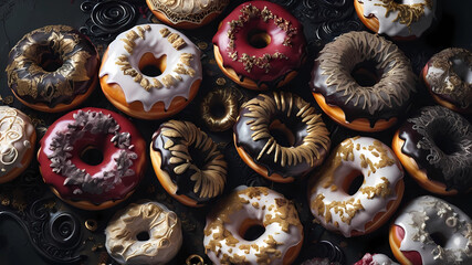 Heavily decorated pile of donuts in dark red, black and gold with icing and lace trimming. Dramatic lighting, dark background