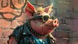 A cartoon pig with a rebellious and edgy punk style. Generative AI. cartoons. Illustrations