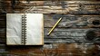 Creative Space: Open Notebook and Pencil on Wooden Background