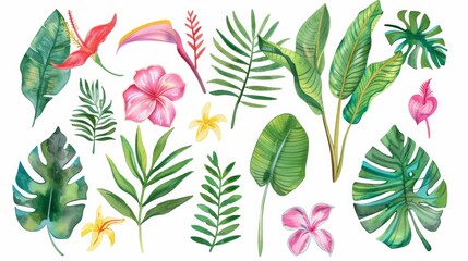 Wall Mural - Watercolor Tropical flowers and leaves. Jungle flowers. Safari exotic greenery cute childish baby shower illustration. Floral summer isolated. Monstera banana leaves. animals. Illustrations