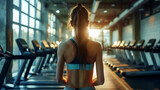 Fototapeta  - A woman with long hair is standing in a gym.ai generative
