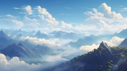 Wall Mural - Tranquil mountaintop view with clouds below, a clear blue sky, and a sense of solitude,