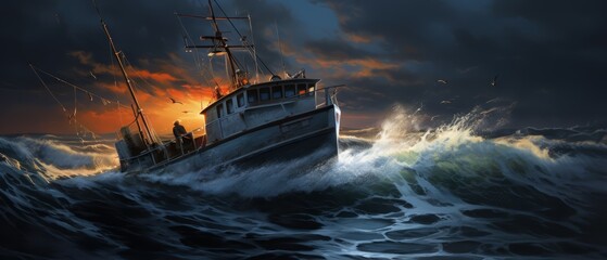 Wall Mural - Nautical themed image of a fishing boat’s stern on open water,