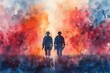 Two Soldiers Walking Side by Side into the Sunset Captured in a Dramatic Watercolor Emphasizing Brotherhood and Reflection on Memorial Day
