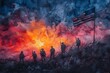Soldiers Advance Under the American Flag Against a Fiery Sunset Sky in a Symbolic Watercolor Representation of Duty and Valor on Memorial Day
