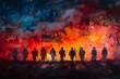 Silhouetted Soldiers March Under the American Flag in a Fiery Sky, a Watercolor Tribute to Courage and Sacrifice on Memorial Day
