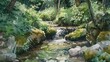 Tranquil watercolor depicting a small woodland creek, the gentle flow of water surrounded by verdant foliage and mossy rocks