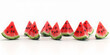Watermelon slices arranged like a demon teeth on white background, Enjoy Eating.
