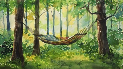 Watercolor illustration of a hammock strung between two trees in a quiet forest spot, inviting relaxation amid the sounds of nature