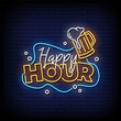 © bohlam - happy hour neon Sign on brick wall background vector