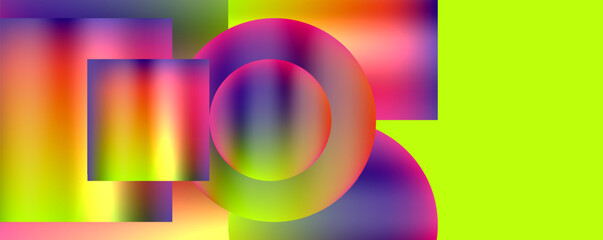 Poster - An electric blue and magenta abstract background with colorful circles and squares on a vibrant yellow backdrop, creating a symmetrical and artistic pattern in a closeup view