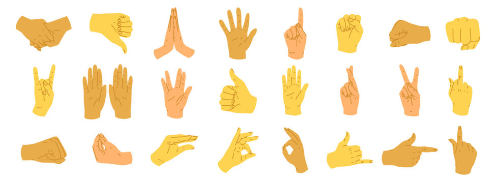 A set of hand gestures demonstrating different emotions. A set of reactions for different situations. Signs conveying mood for social media. Language of the deaf and dumb. Vector illustration