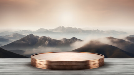 Wall Mural - A large, round podium sits atop a mountain, surrounded by a foggy