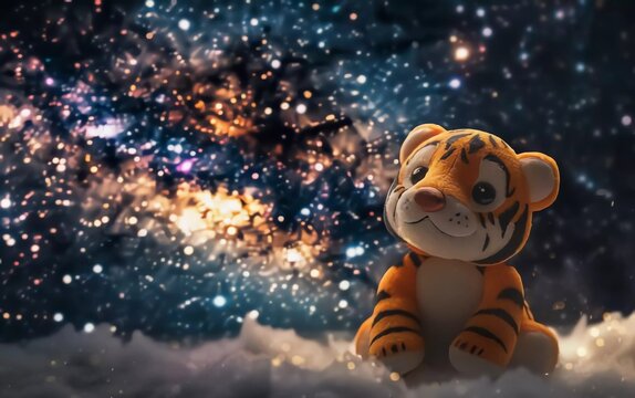 Very adorable cute cartoon tiger character in front of the Milky Way galaxy