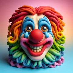 Clown mask head, bright multicolored, wide smile, two blue tears from eyes, laughter through tears, blue and pink background, 3D