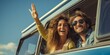 © Budjak Studio - Happy couple of young tourists driving a camper, waving their hands out the window. Generative AI.