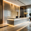 © miss[SIRI] - Sophisticated interior design in a modern office lobby with a luxurious reception desk centerpiece