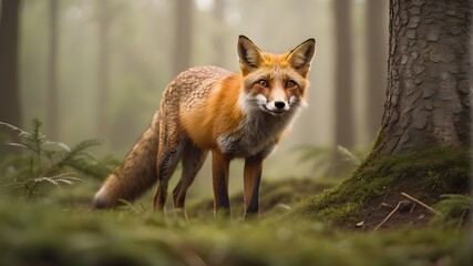 Wall Mural - fox stalking its prey in a thick, hazy forest in a close-up stock shot that highlights its vigilant faces,