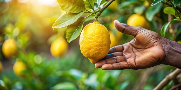 close-up of a hand holding a ripe lemon on a branch