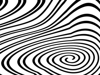 Abstract hypnotic wave pattern with black-and-white striped lines. Psychedelic background. Op art, optical illusion. Modern design, graphic texture.