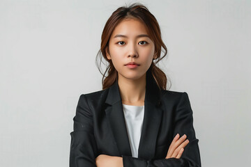 A young Japanese business woman presenting with her right hand, isolated on a white background in a photo realistic image style. The image is 8k resolution and depicts a real person 