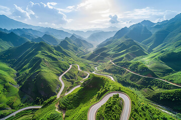 Wall Mural - Aerial view of a winding mountain road in Yunnan, China with green mountains and rivers on a sunny day. The photography has a high resolution and was taken with a Canon EOS camera usin