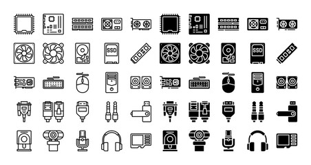 Computer hardware and component icon set, line and solid style. Contains such icon as motherboard, ram, cpu, mouse, keyboard and more.