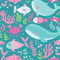 Wall Mural - whales and fish pattern in turquoise with pink accents