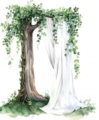 Wall Mural - whimsical watercolor illustration of an enchanted tree arch with green leaves and vines