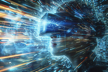 Poster - A woman is wearing a virtual reality headset and looking at a bright