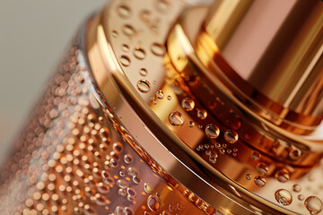 A bottle of perfume with a gold rim and a shiny surface