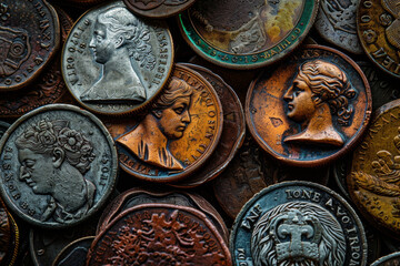 Wall Mural - A pile of old coins with a woman's face on them