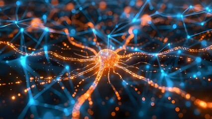 Vivid orange neural network with blue webbing and artificial intelligence elements. Concept Artificial Intelligence, Neural Networks, Vivid Orange, Blue Webbing, Technology