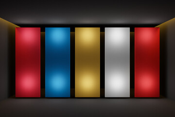 Fototapete - 3D illustration of a layout of multi-colored screens in a black room. Design, illustration for web banner, web and mobile, infographics. Application presentation concept