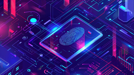 Poster - A futuristic cityscape with a glowing fingerprint on a tablet