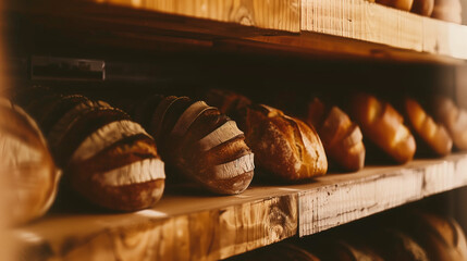 Wall Mural - Beautiful, freshly baked loaves of bread adorn the shelves. The food is both delicious and visually appealing. The bakery has tasty pastries.