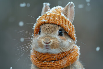A cute rabbit wearing a yellow hat and scarf, with snowflakes falling outside the window. Created with Ai