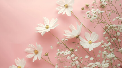 Wall Mural - White Cosmos Flowers on Pink Pastel Background