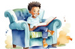 black boy reading interesting book, watercolor illustration. storytelling, children education