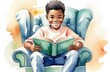 storytelling, children education. black boy reading book in armchair, watercolor illustration.