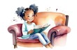 black girl reading book in armchair, watercolor illustration. storytelling, children education