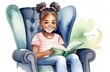 black girl reading interesting book in armchair, watercolor illustration. children education