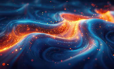 Wall Mural - A flowing wave of orange and blue water, with glowing particles and sparks in the background. Created with Ai