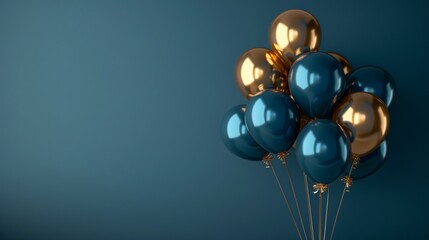 realistic mock up empty high quality photo of birthday wedding anniversary  balloons and confetti with dark blue and gold color theme backdrop,  background, wallpaper