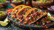 Tasty appetizing vegetable tacos with lime wedges mexican cuisine