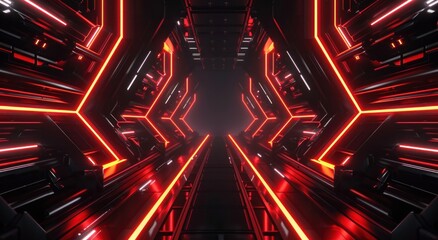 3D render technology background. Dark corridor hallway with futuristic neon lights