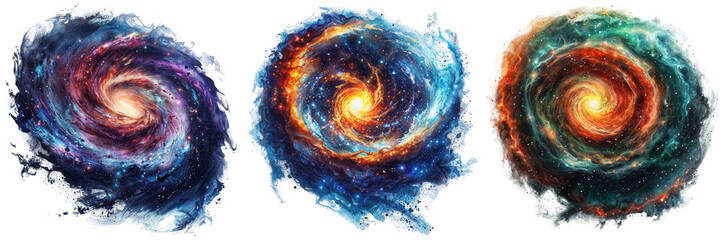 Wall Mural - colourful watercolour style spiral galaxy collection, illustration bundle of three galactic star vortex isolated on a transparent background
