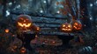 Amidst the fading light of a spooky forest, Jack O' Lanterns with menacing glares flank a weathered wooden bench, creating an unsettling atmosphere on All Hallows' Eve.