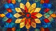 Mandala background with stained glass effect and primary colors. 